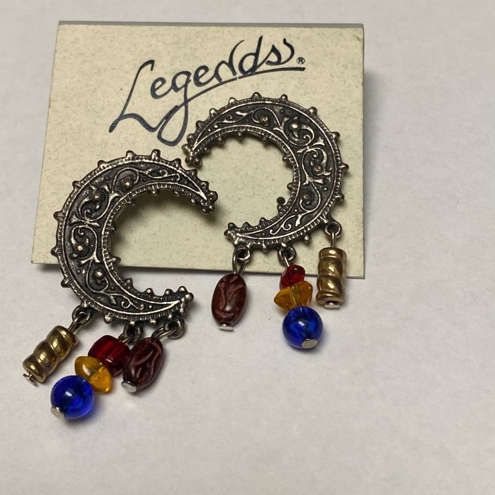 Legends Crescent Moon Shape Silver Tone Metal Pierced Post Earrings with Dangles - Picture 13 of 16